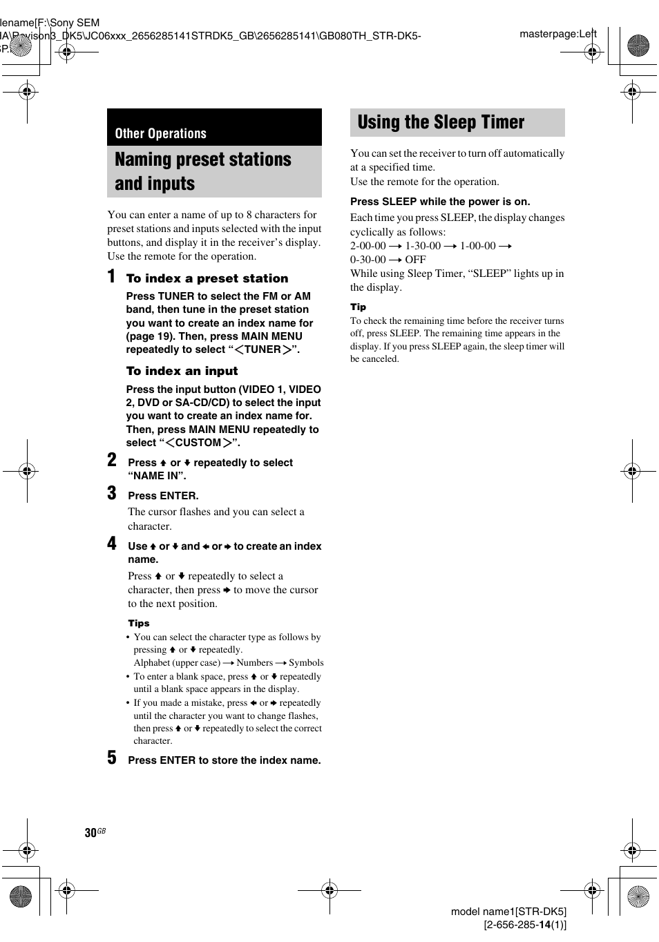 Other operations, Naming preset stations and inputs, Using the sleep timer | Sony Model STR-DK5 User Manual | Page 30 / 44