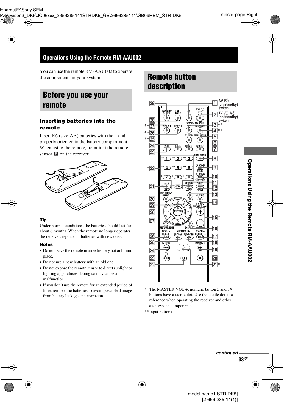 Operations using the remote rm-aau002, Before you use your remote, Remote button description | Op eratio ns usin g the remote rm-aa u 002, Inserting batteries into the remote | Sony Model STR-DK5 User Manual | Page 33 / 44