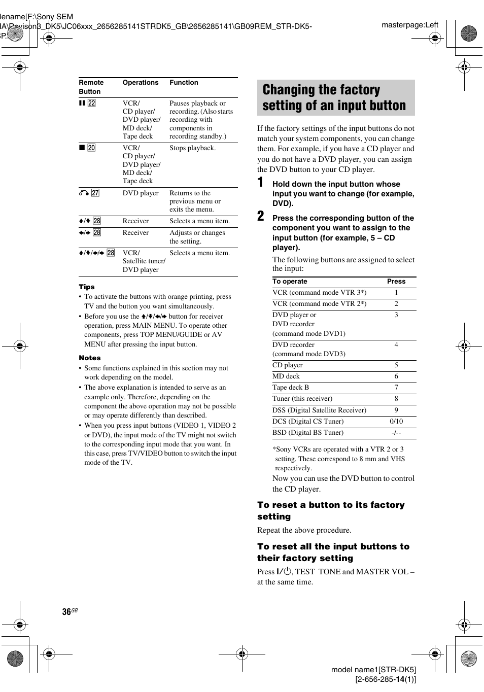 Changing the factory setting of an input button, Changing the factory setting of an input, Button | Sony Model STR-DK5 User Manual | Page 36 / 44
