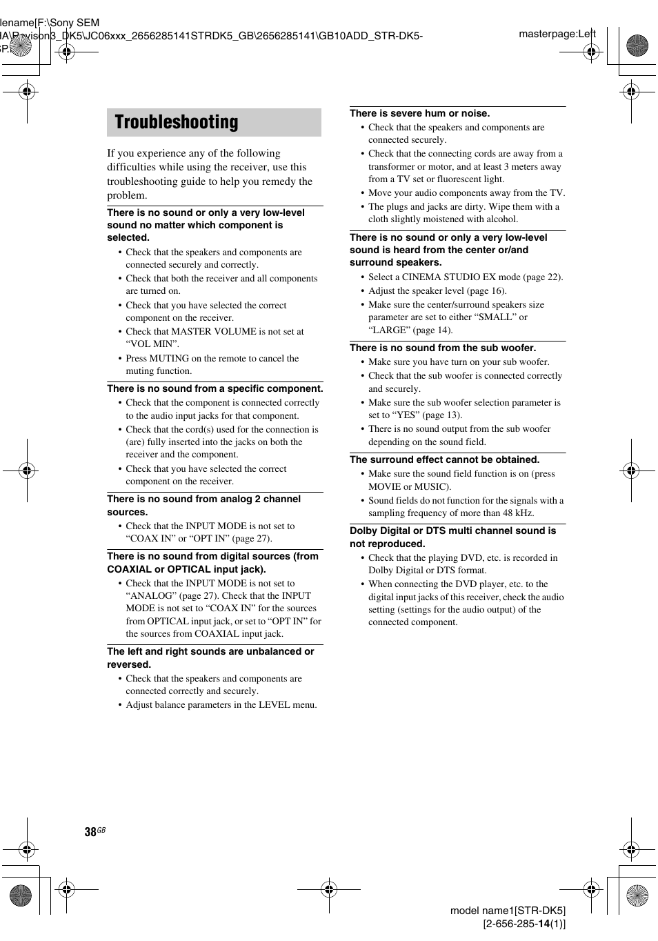 Troubleshooting | Sony Model STR-DK5 User Manual | Page 38 / 44