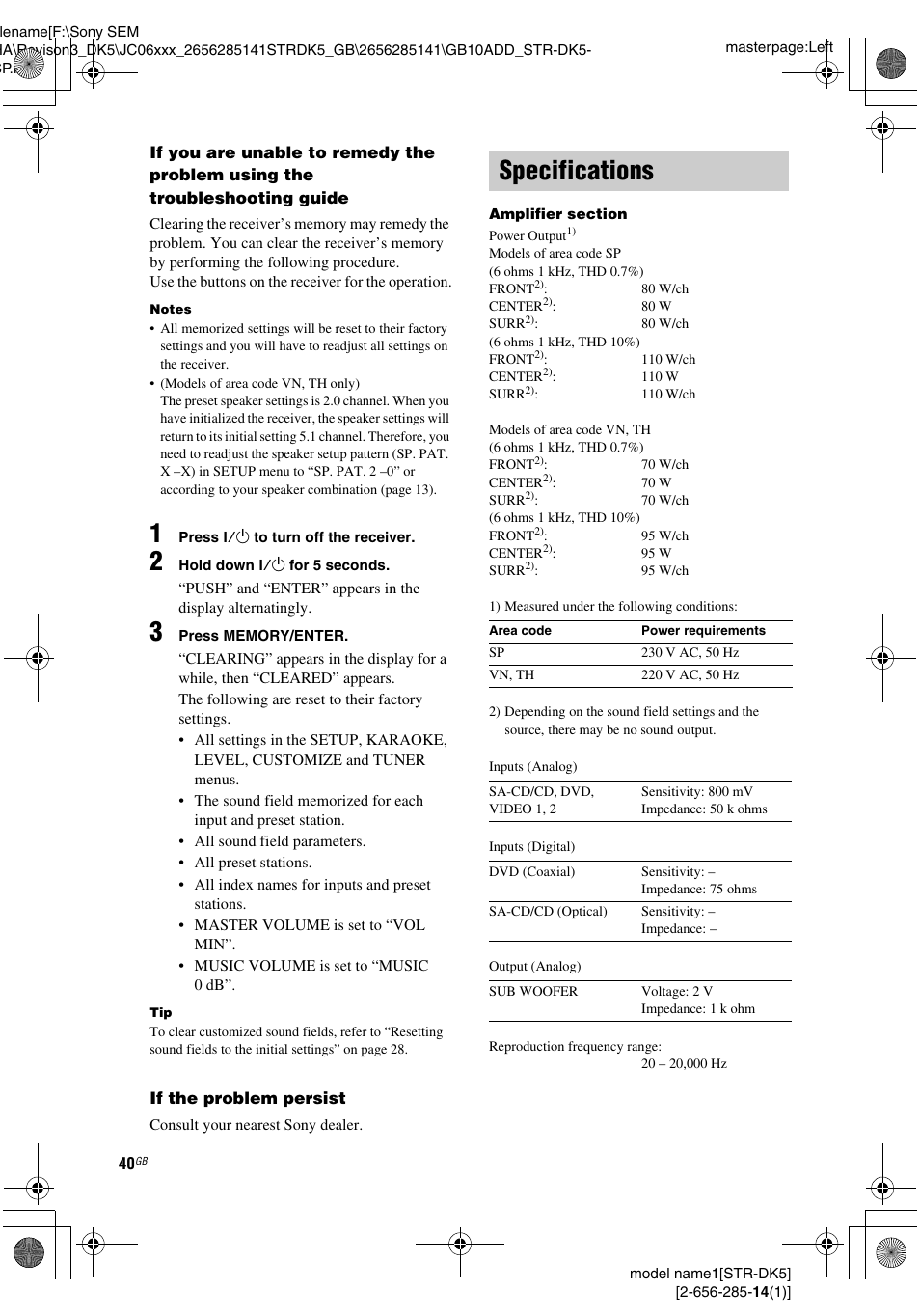 Specifications | Sony Model STR-DK5 User Manual | Page 40 / 44