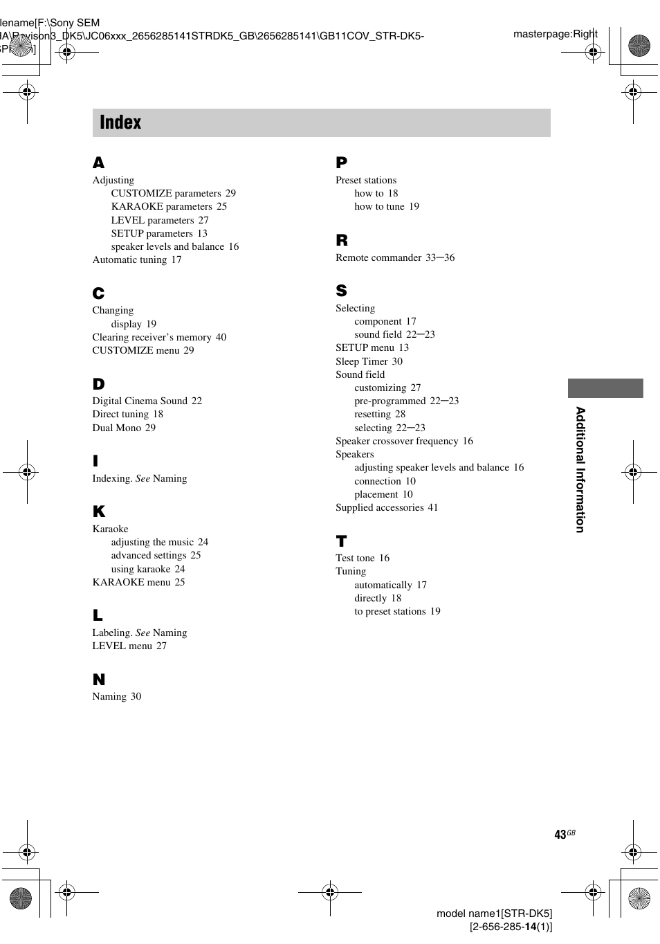 Index | Sony Model STR-DK5 User Manual | Page 43 / 44