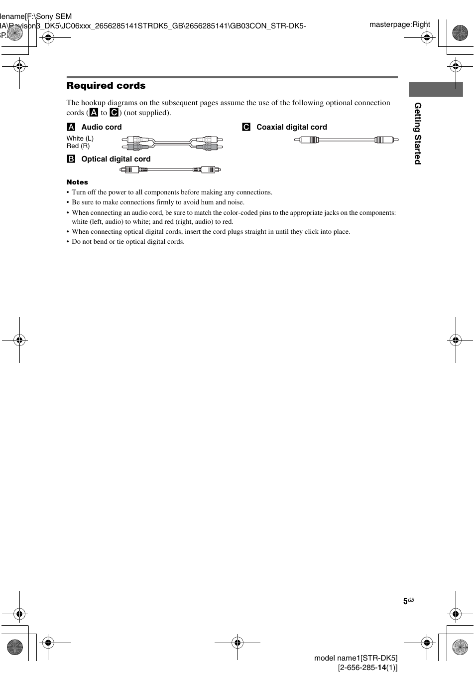 Required cords | Sony Model STR-DK5 User Manual | Page 5 / 44