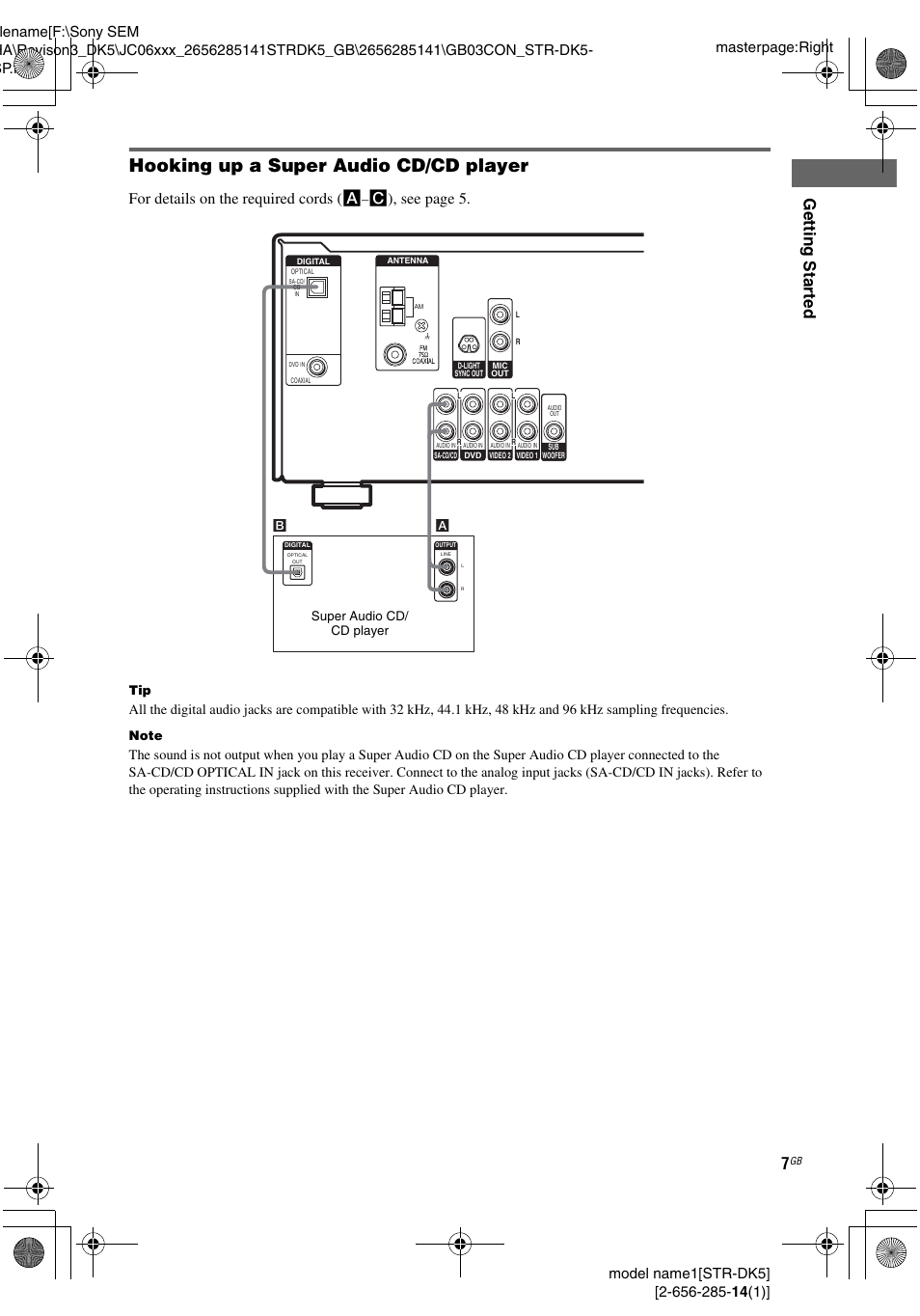 Hooking up a super audio cd/cd player, Getting star ted, For details on the requ ired cords (a | C), see page 5 | Sony Model STR-DK5 User Manual | Page 7 / 44