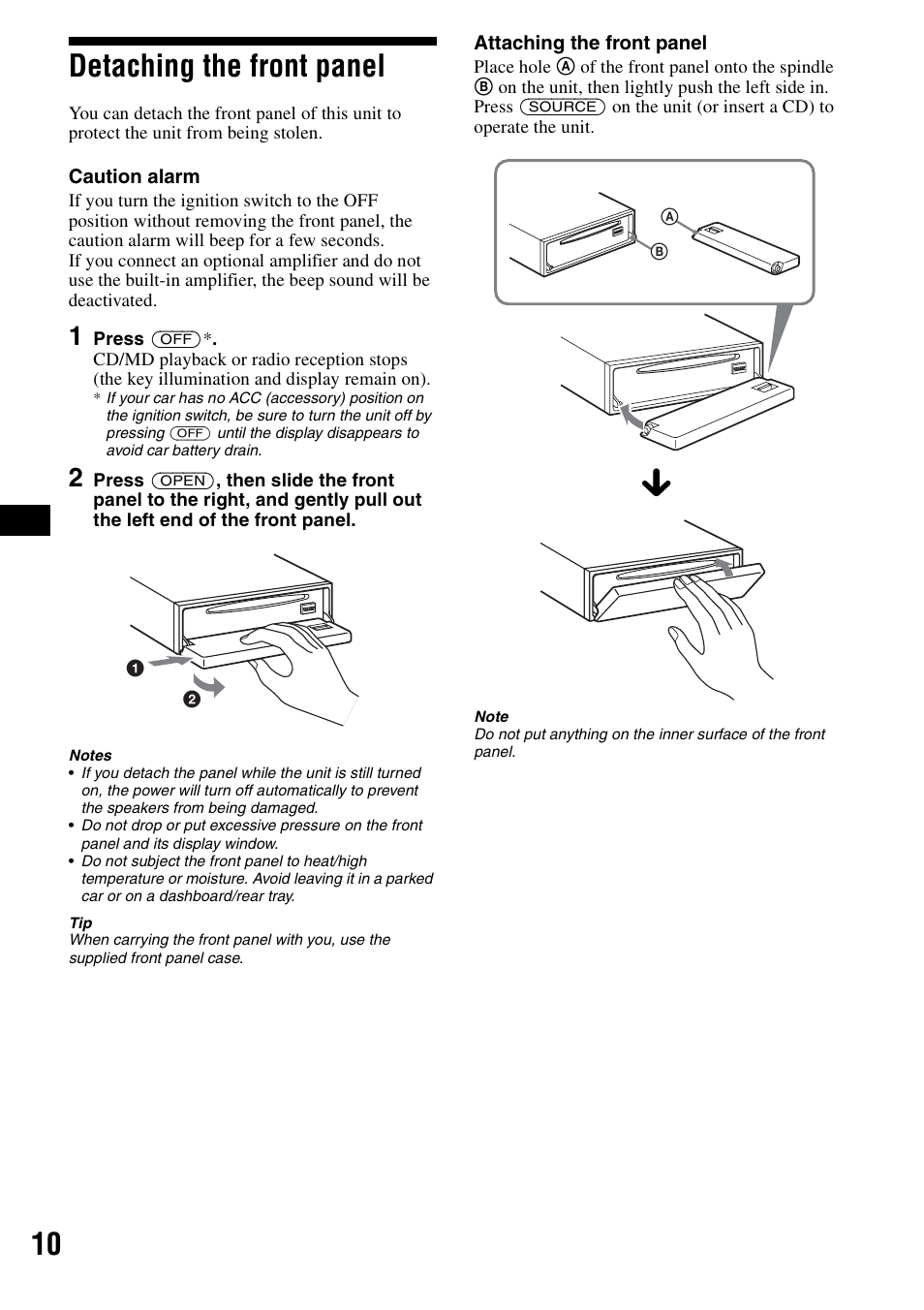 Detaching the front panel, 10 detaching the front panel | Sony CDX-F5500X User Manual | Page 10 / 84