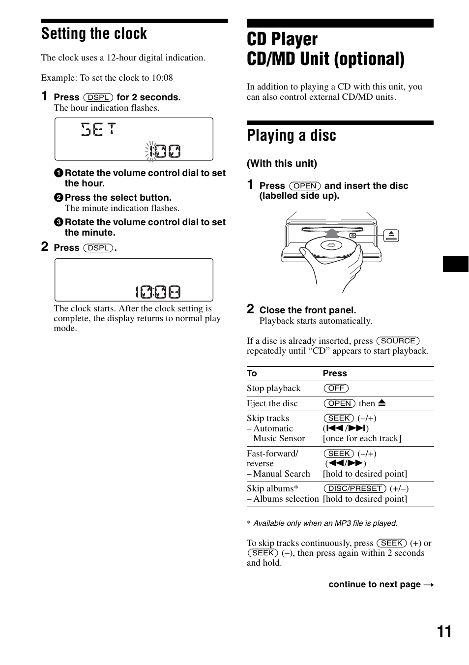 Setting the clock, Cd player cd/md unit (optional), Playing a disc | 11 setting the clock | Sony CDX-F5500X User Manual | Page 11 / 84