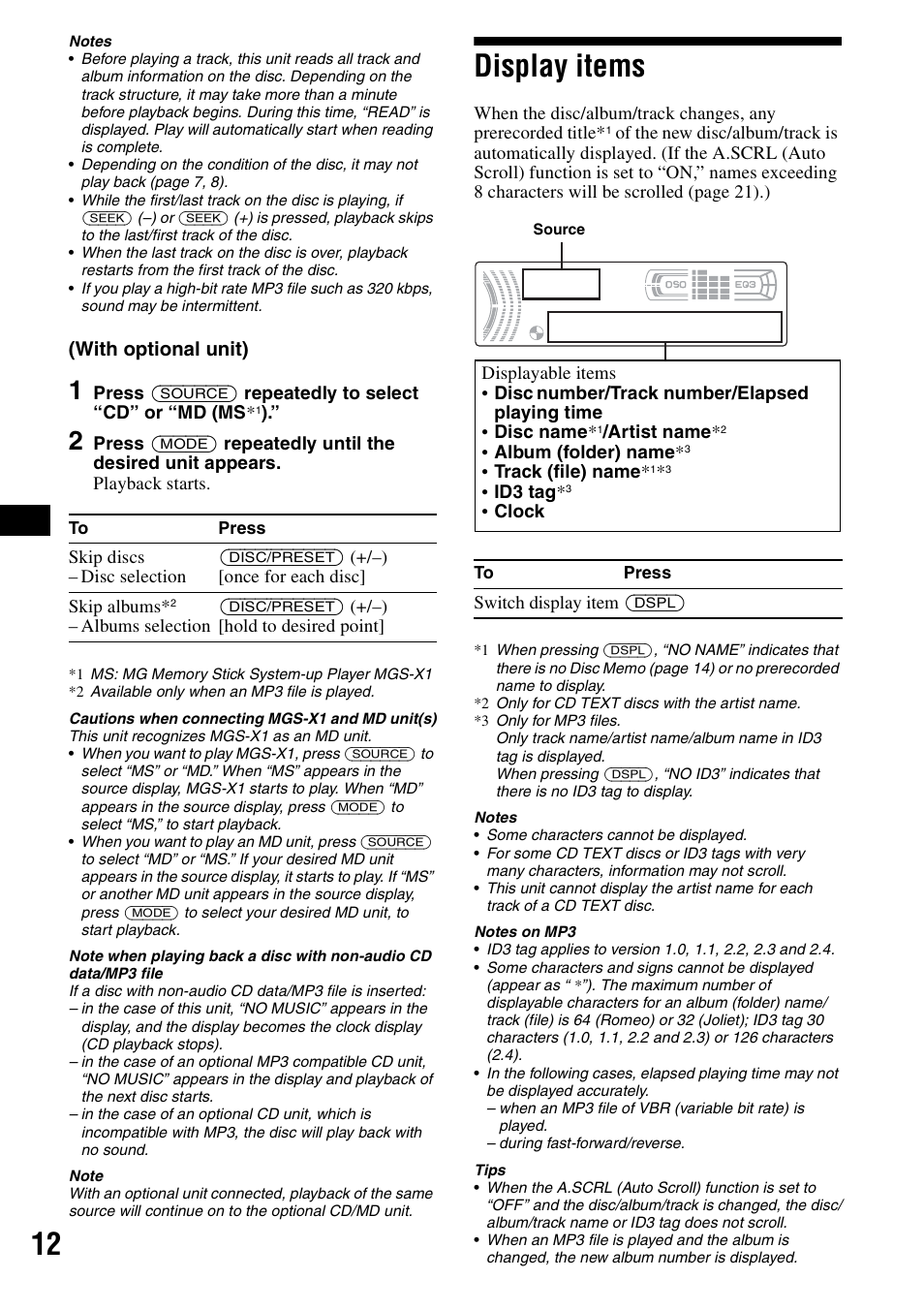 Display items, With optional unit) | Sony CDX-F5500X User Manual | Page 12 / 84