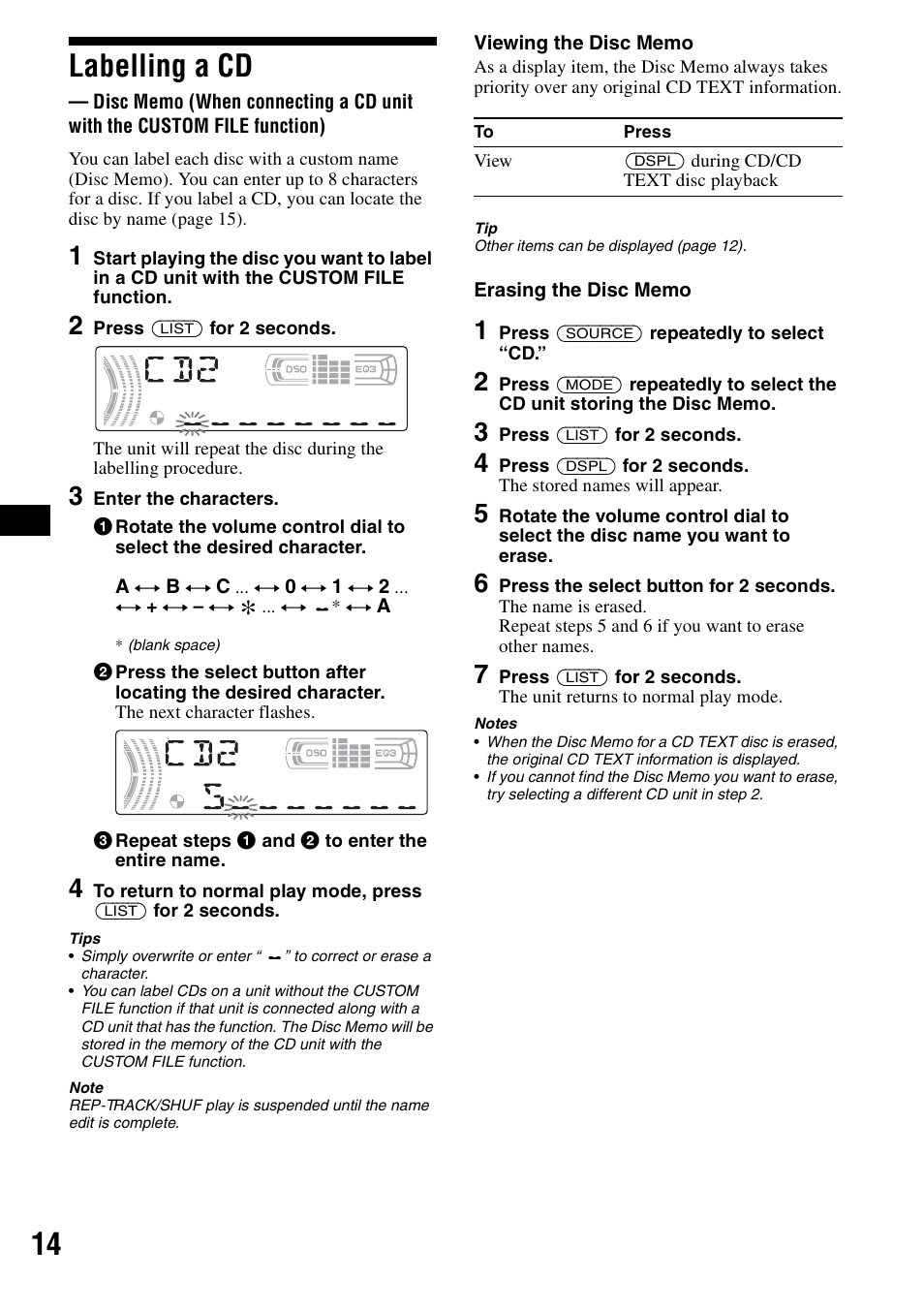 Labelling a cd, Disc memo, On 14 | 14 labelling a cd | Sony CDX-F5500X User Manual | Page 14 / 84