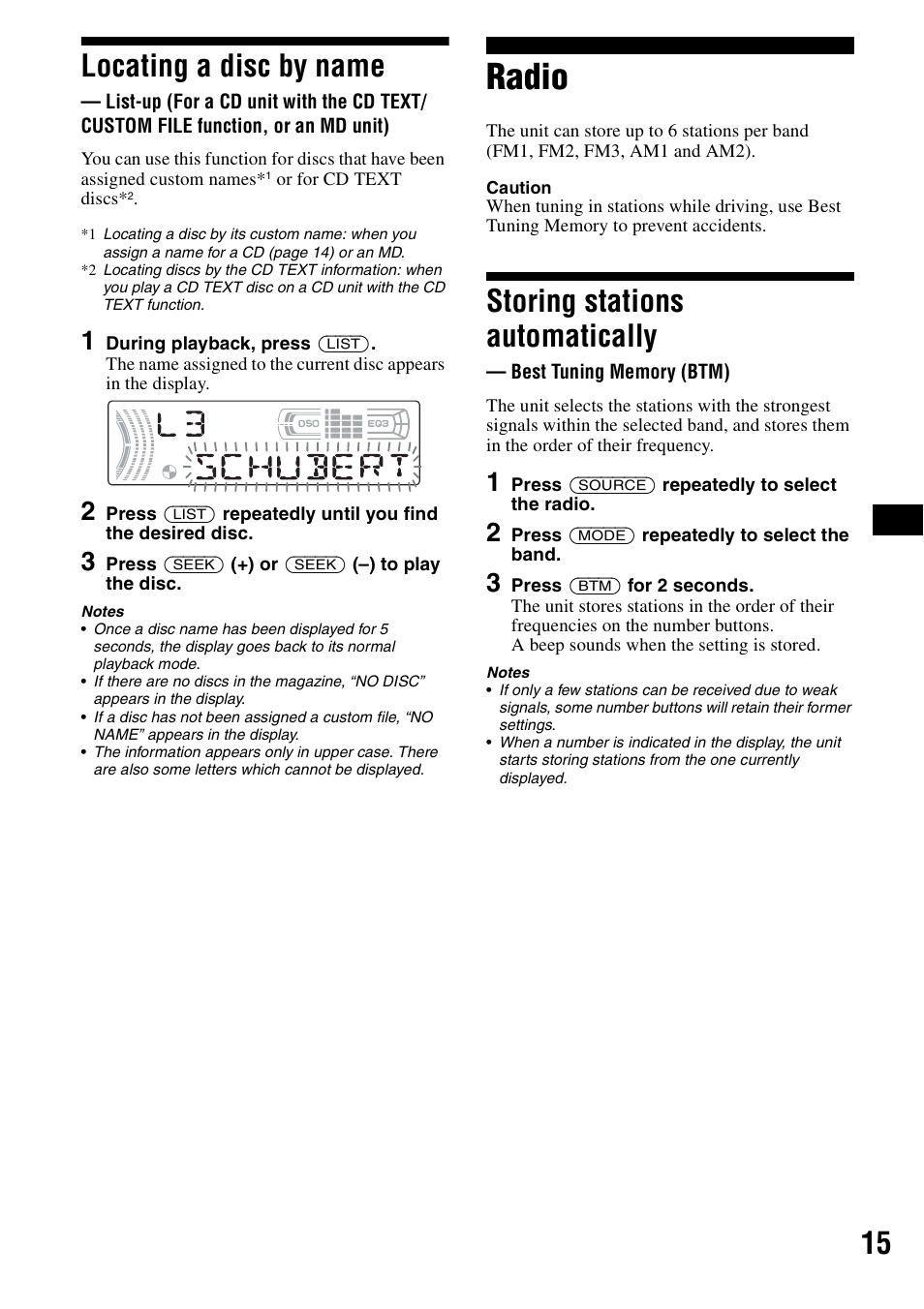 Locating a disc by name, Radio, Storing stations automatically | Best tuning memory (btm), List-up, 15 locating a disc by name | Sony CDX-F5500X User Manual | Page 15 / 84