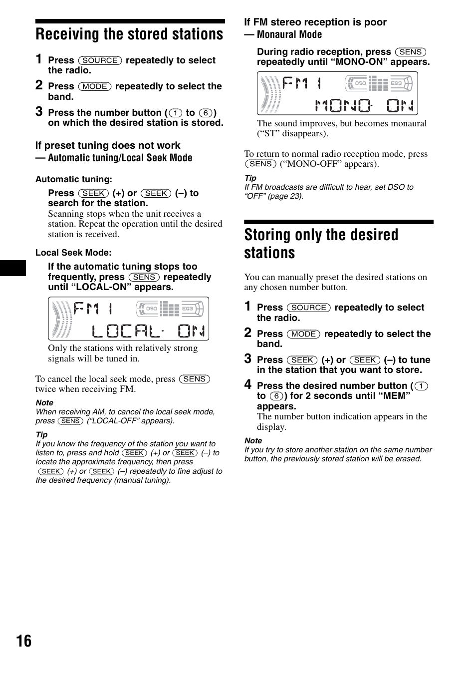 Receiving the stored stations, Storing only the desired stations, 16 receiving the stored stations | Sony CDX-F5500X User Manual | Page 16 / 84