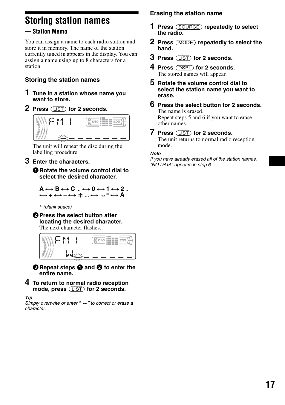 Storing station names, Station memo, 17 storing station names | Sony CDX-F5500X User Manual | Page 17 / 84