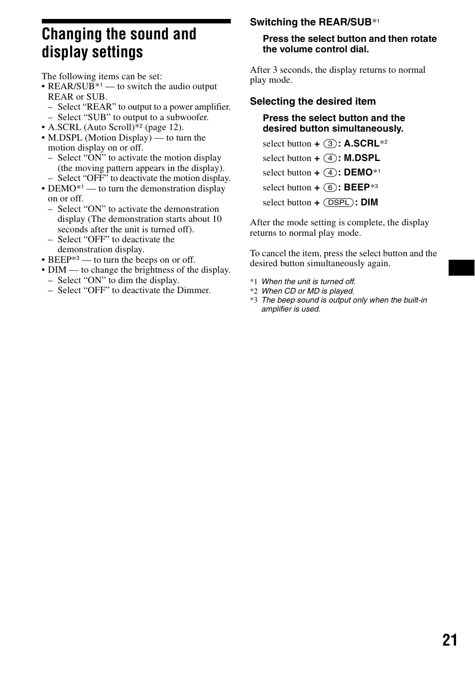 Changing the sound and display settings, 21 changing the sound and display settings | Sony CDX-F5500X User Manual | Page 21 / 84