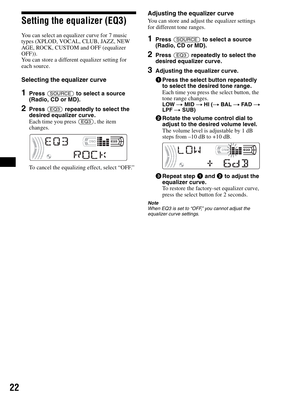 Setting the equalizer (eq3), 22 setting the equalizer (eq3) | Sony CDX-F5500X User Manual | Page 22 / 84