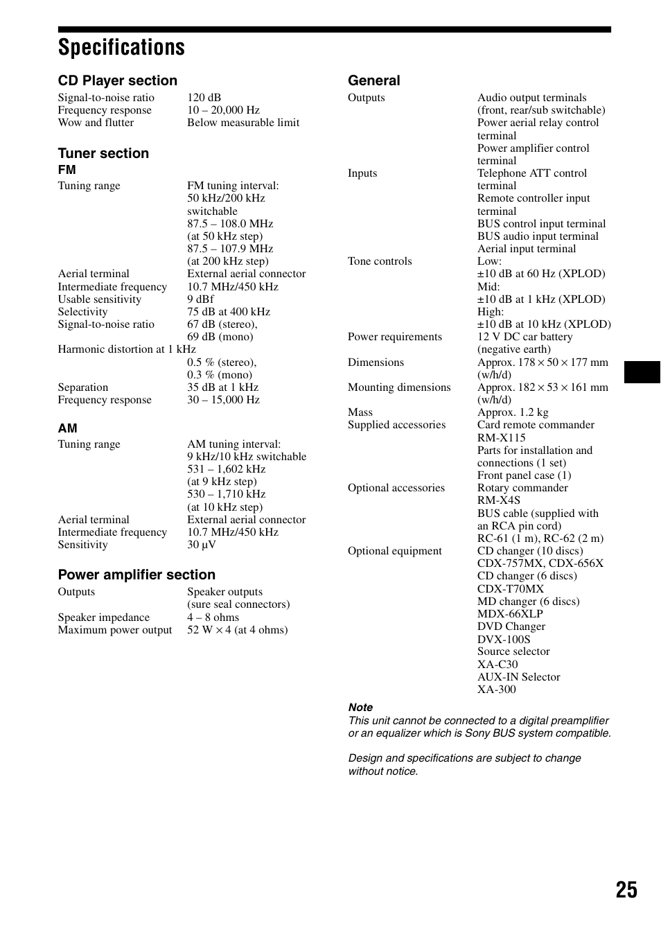 Specifications, 25 specifications | Sony CDX-F5500X User Manual | Page 25 / 84