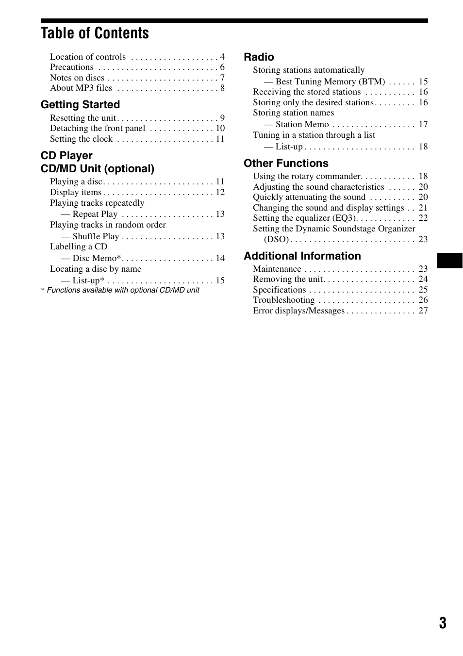 3table of contents | Sony CDX-F5500X User Manual | Page 3 / 84
