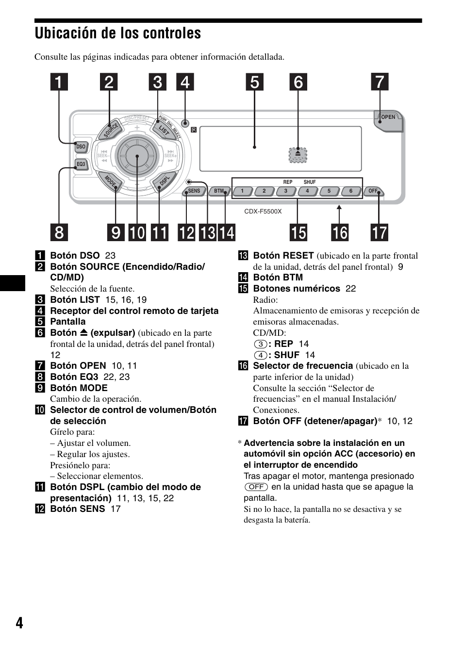 Ubicación de los controles, 4ubicación de los controles | Sony CDX-F5500X User Manual | Page 32 / 84