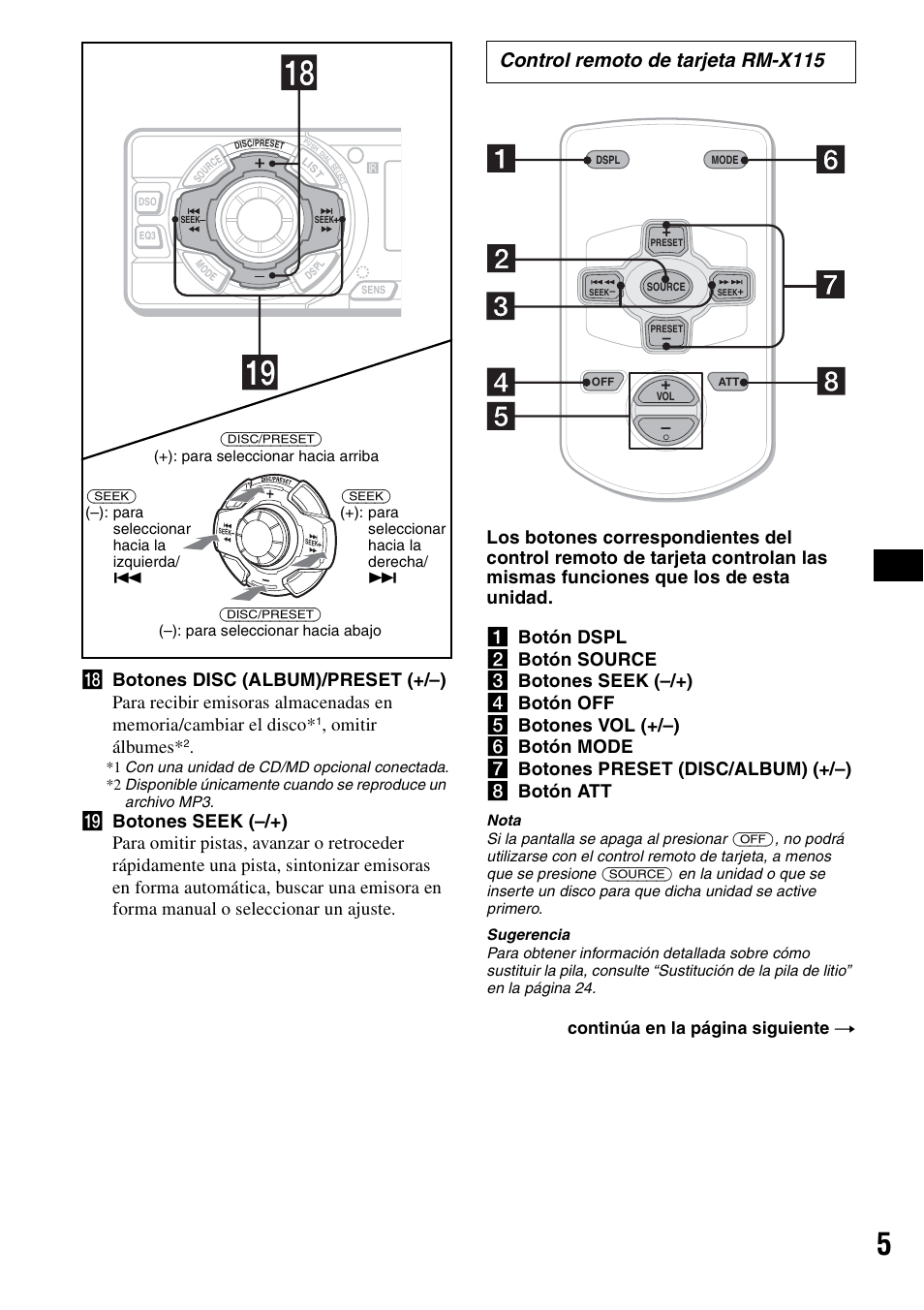 Control remoto de tarjeta rm-x115, Omitir álbumes, Continúa en la página siguiente t | Sony CDX-F5500X User Manual | Page 33 / 84