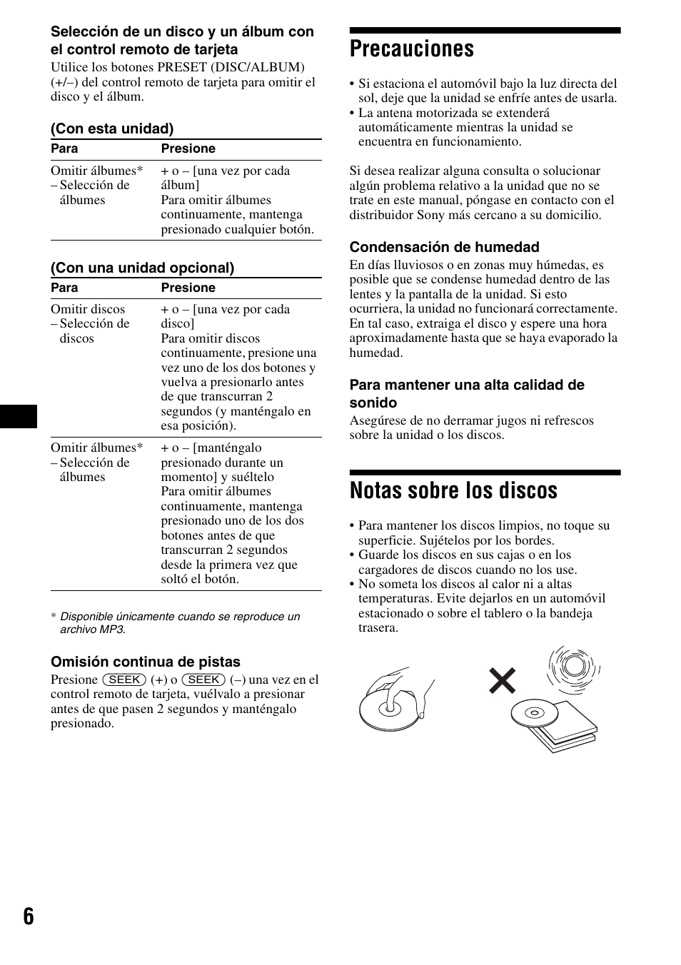 Precauciones, Notas sobre los discos, Precauciones notas sobre los discos | Sony CDX-F5500X User Manual | Page 34 / 84