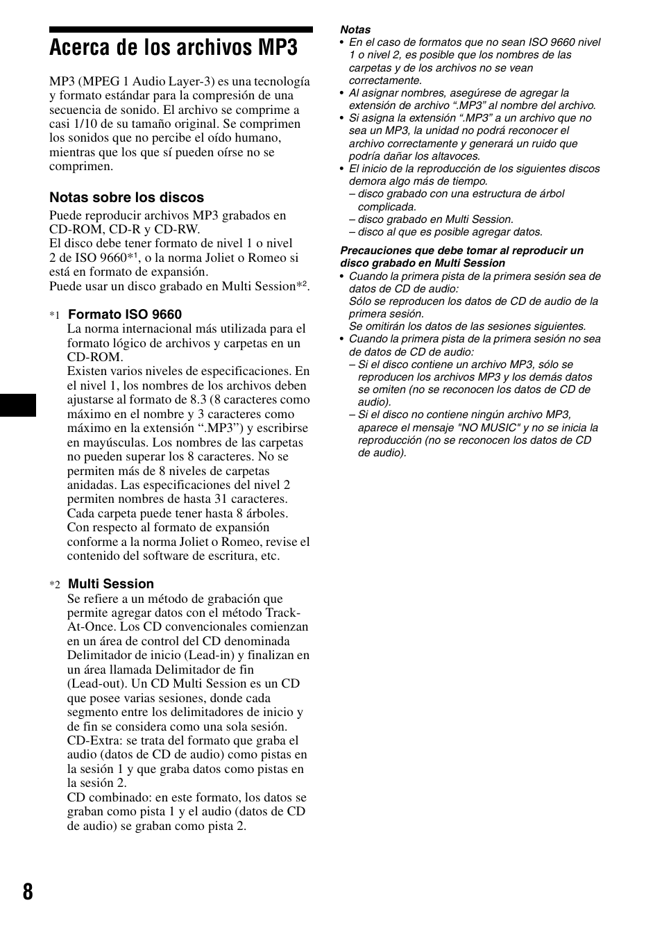 Acerca de los archivos mp3, 8acerca de los archivos mp3 | Sony CDX-F5500X User Manual | Page 36 / 84