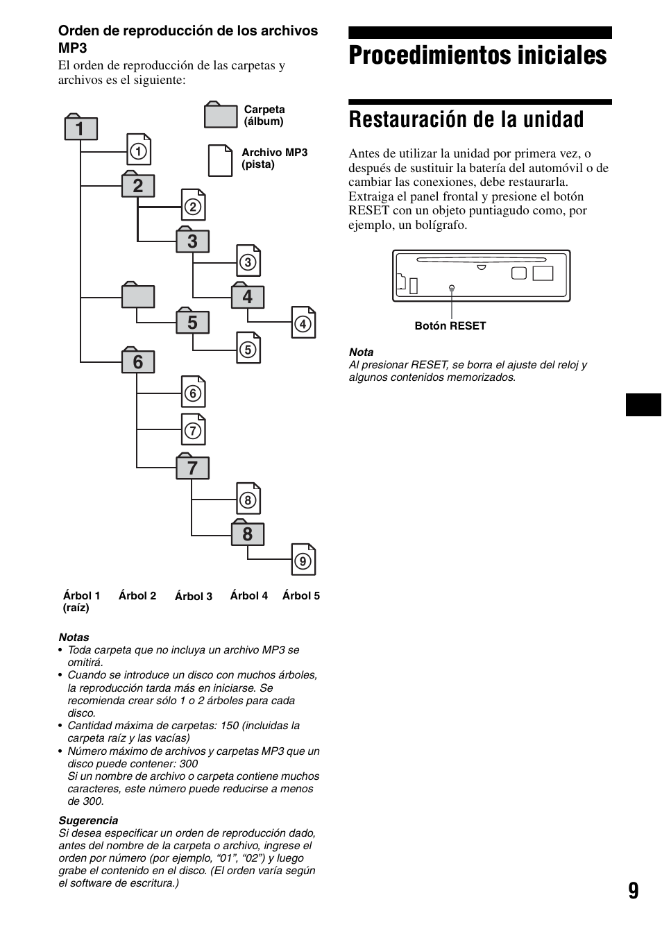 Procedimientos iniciales, Restauración de la unidad | Sony CDX-F5500X User Manual | Page 37 / 84