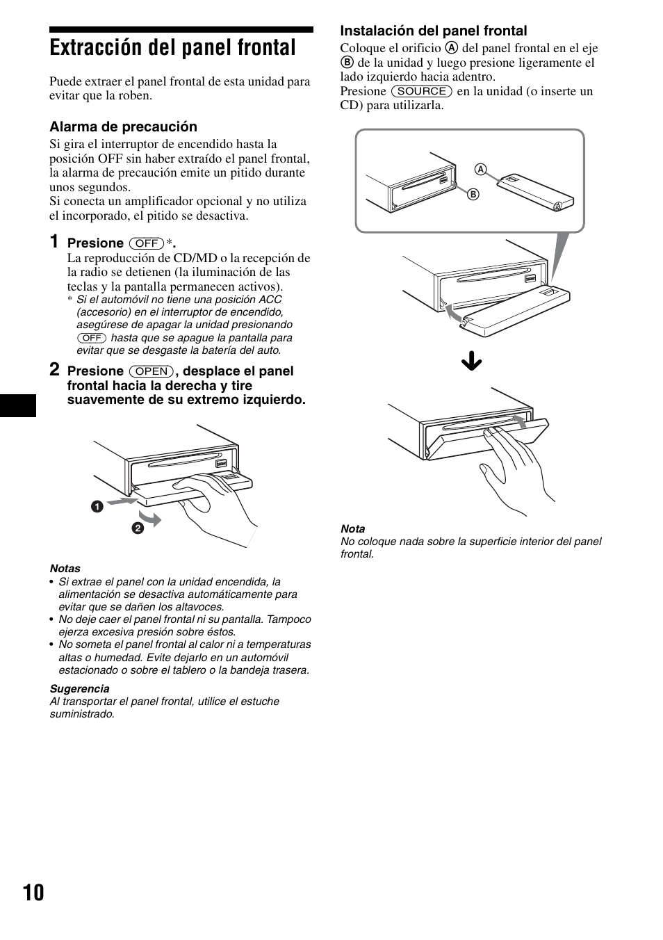 Extracción del panel frontal, 10 extracción del panel frontal | Sony CDX-F5500X User Manual | Page 38 / 84