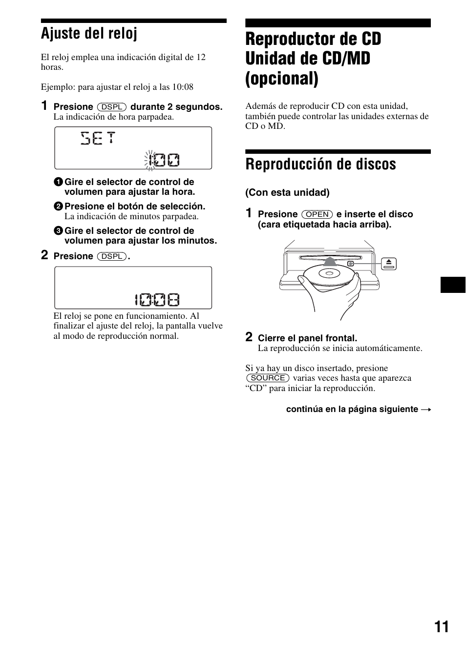 Ajuste del reloj, Reproductor de cd unidad de cd/md (opcional), Reproducción de discos | 11 ajuste del reloj | Sony CDX-F5500X User Manual | Page 39 / 84