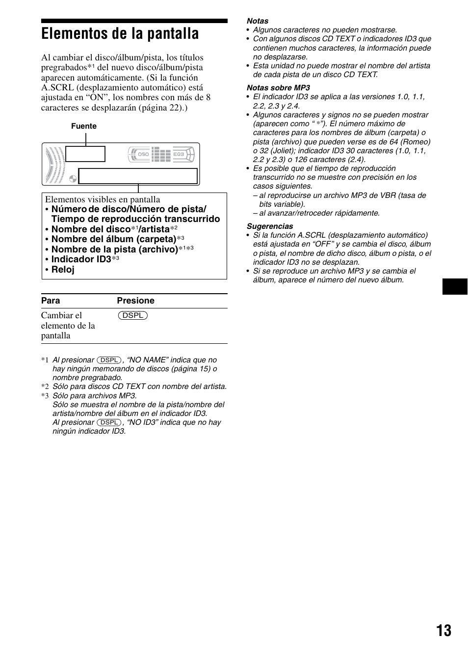 Elementos de la pantalla, 13 elementos de la pantalla | Sony CDX-F5500X User Manual | Page 41 / 84