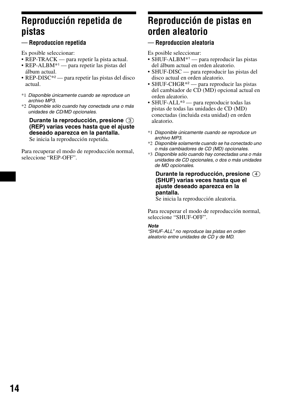 Reproducción repetida de pistas, Reproduccion repetida, Reproducción de pistas en orden aleatorio | Reproduccion aleatoria, 14 reproducción repetida de pistas | Sony CDX-F5500X User Manual | Page 42 / 84