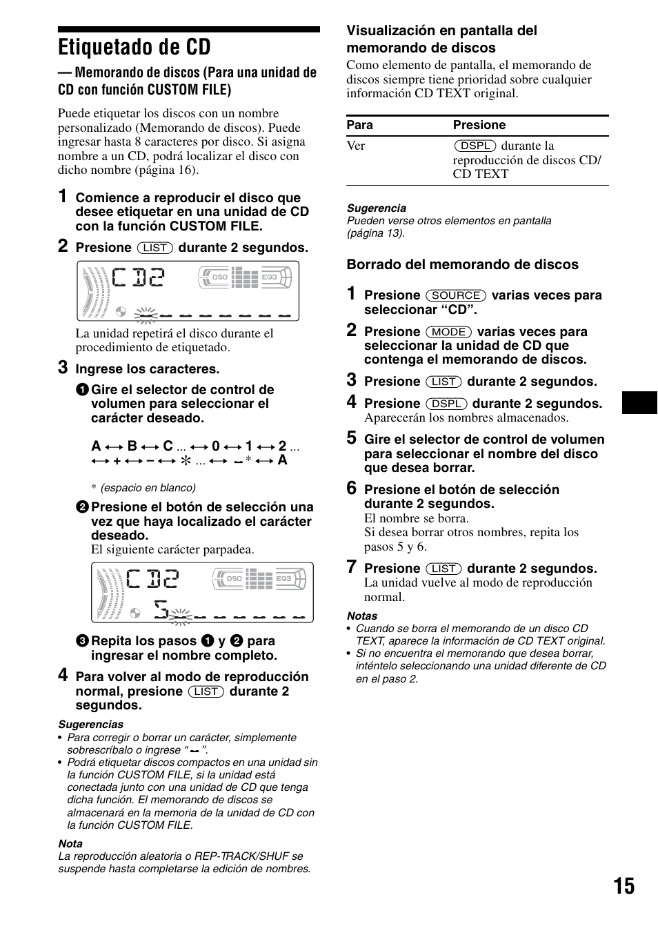 Etiquetado de cd, Memorando de discos, 15 etiquetado de cd | Sony CDX-F5500X User Manual | Page 43 / 84