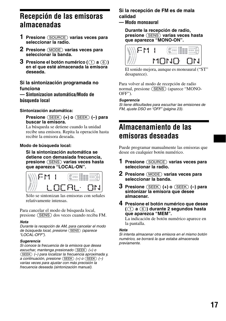 Recepción de las emisoras almacenadas, Almacenamiento de las emisoras deseadas, Deseadas | S 17, 17 recepción de las emisoras almacenadas | Sony CDX-F5500X User Manual | Page 45 / 84