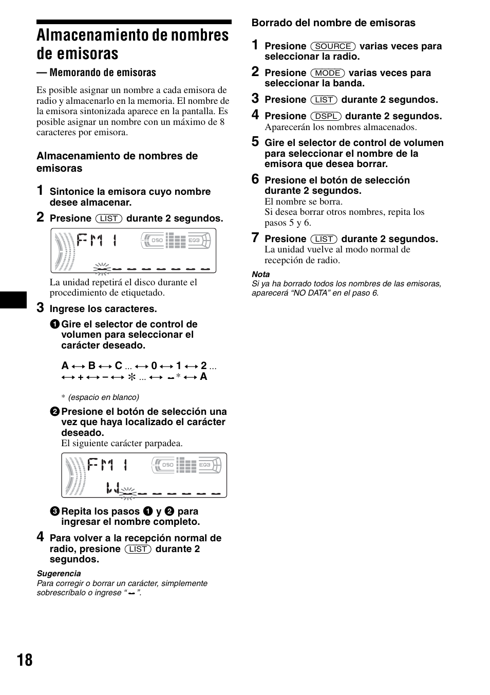 Almacenamiento de nombres de emisoras, Memorando de emisoras, 18 almacenamiento de nombres de emisoras | Sony CDX-F5500X User Manual | Page 46 / 84