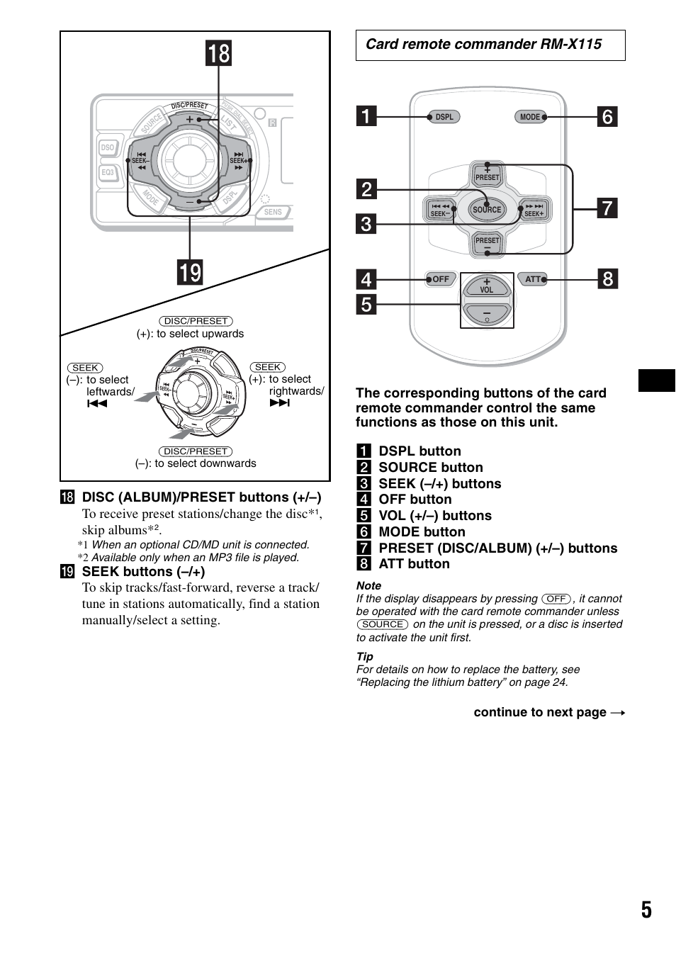 Card remote commander rm-x115, Skip albums, Continue to next page t | Sony CDX-F5500X User Manual | Page 5 / 84