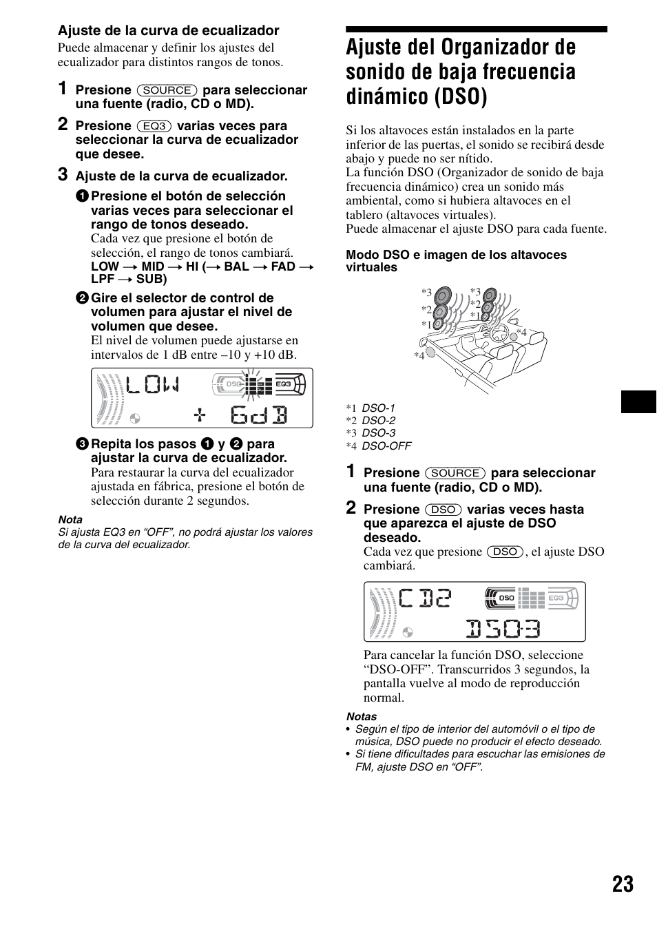 Ajuste del organizador de sonido de baja, Frecuencia dinámico (dso) | Sony CDX-F5500X User Manual | Page 51 / 84