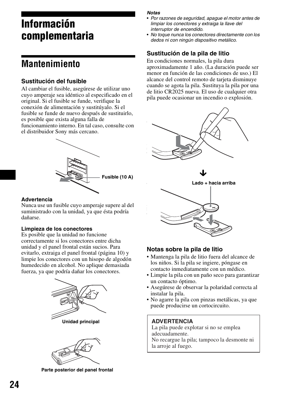 Información complementaria, Mantenimiento | Sony CDX-F5500X User Manual | Page 52 / 84