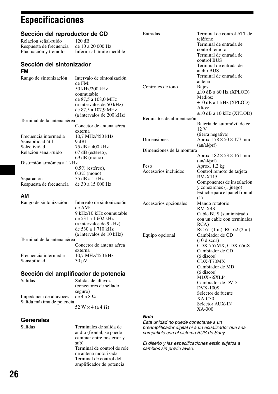 Especificaciones, 26 especificaciones | Sony CDX-F5500X User Manual | Page 54 / 84