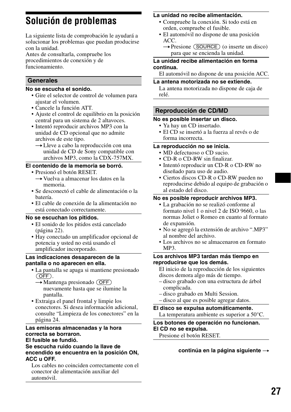 Solución de problemas, 27 solución de problemas | Sony CDX-F5500X User Manual | Page 55 / 84