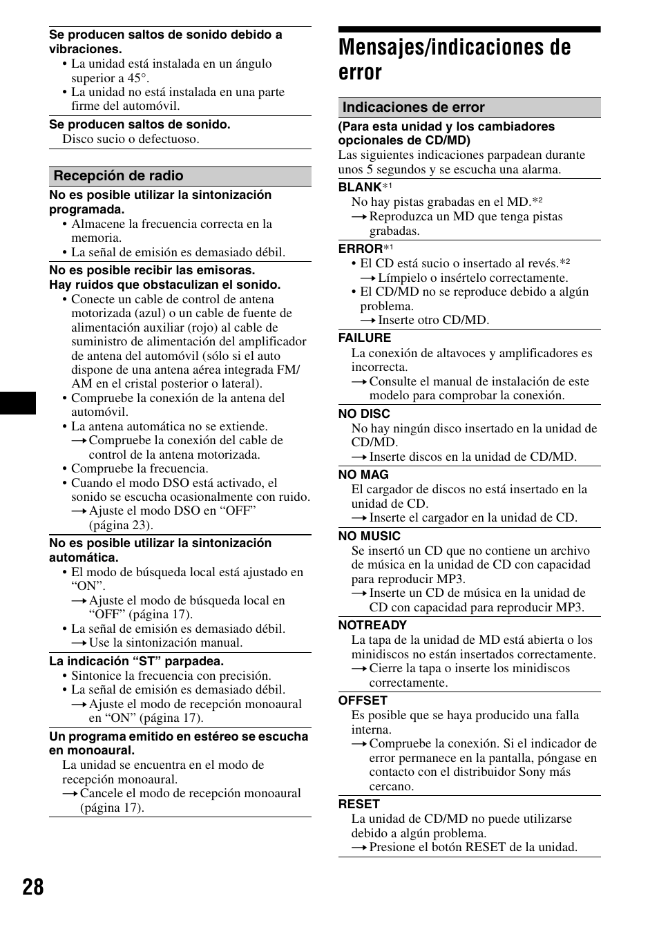 Mensajes/indicaciones de error, 28 mensajes/indicaciones de error | Sony CDX-F5500X User Manual | Page 56 / 84