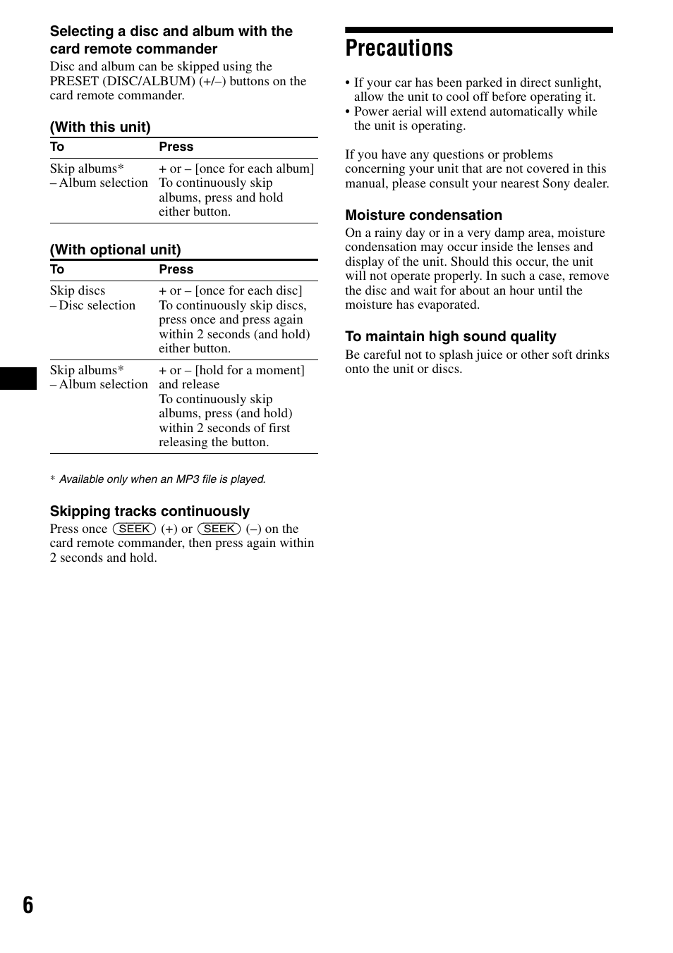 Precautions | Sony CDX-F5500X User Manual | Page 6 / 84