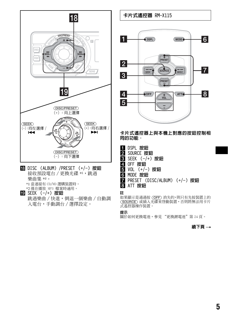 卡片式遙控器 rm-x115, R disc （album）/preset （+/-）按鈕 接收預設電台 / 更換光碟, 跳過 樂曲集 | 續下頁 t | Sony CDX-F5500X User Manual | Page 61 / 84