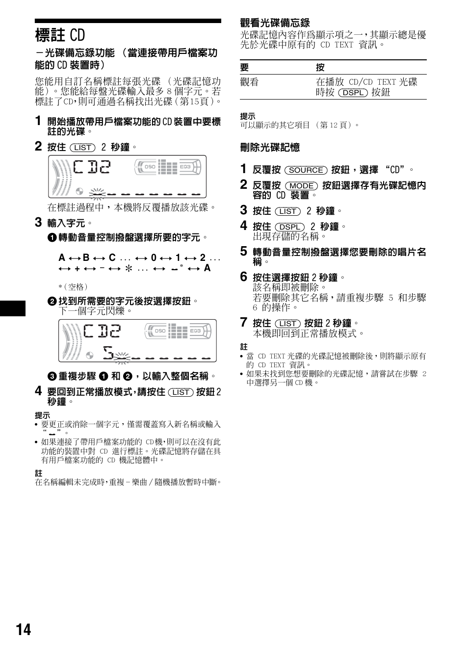 標註cd, 光碟備忘錄功能（當連接帶用戶檔案功 能的cd裝置時, 標註 cd | 光碟備忘錄功能 （當連接帶用戶檔案 功能的 cd 裝置時, 第 14 頁, 14 標註 cd | Sony CDX-F5500X User Manual | Page 70 / 84