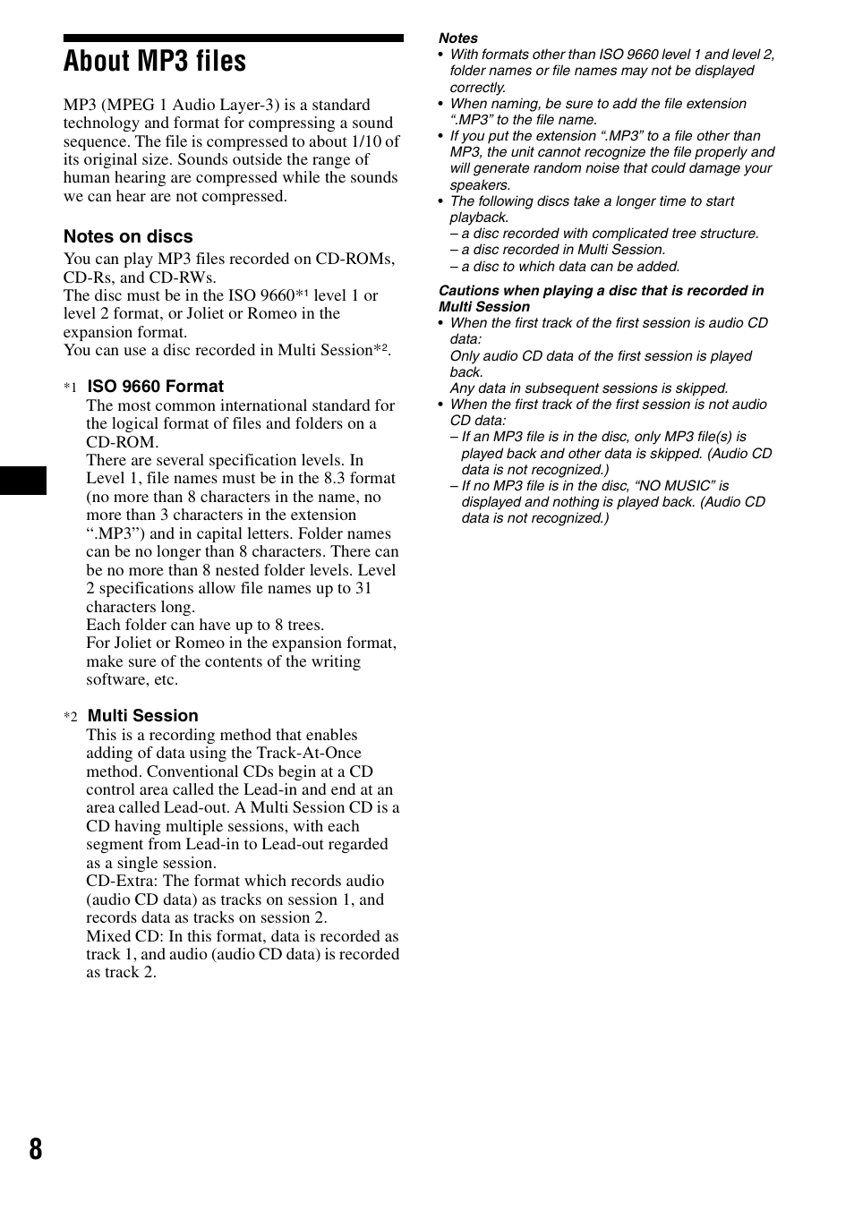 About mp3 files, 8about mp3 files | Sony CDX-F5500X User Manual | Page 8 / 84