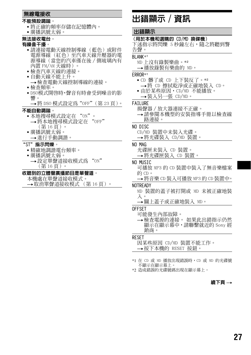 出錯顯示/資訊, 出錯顯示 / 資訊, 27 出錯顯示 / 資訊 | Sony CDX-F5500X User Manual | Page 83 / 84