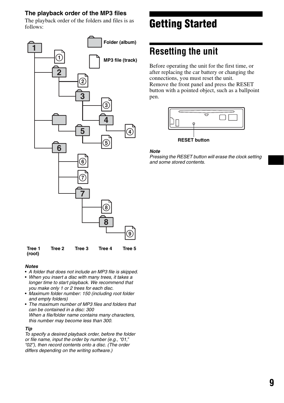 Getting started, Resetting the unit | Sony CDX-F5500X User Manual | Page 9 / 84