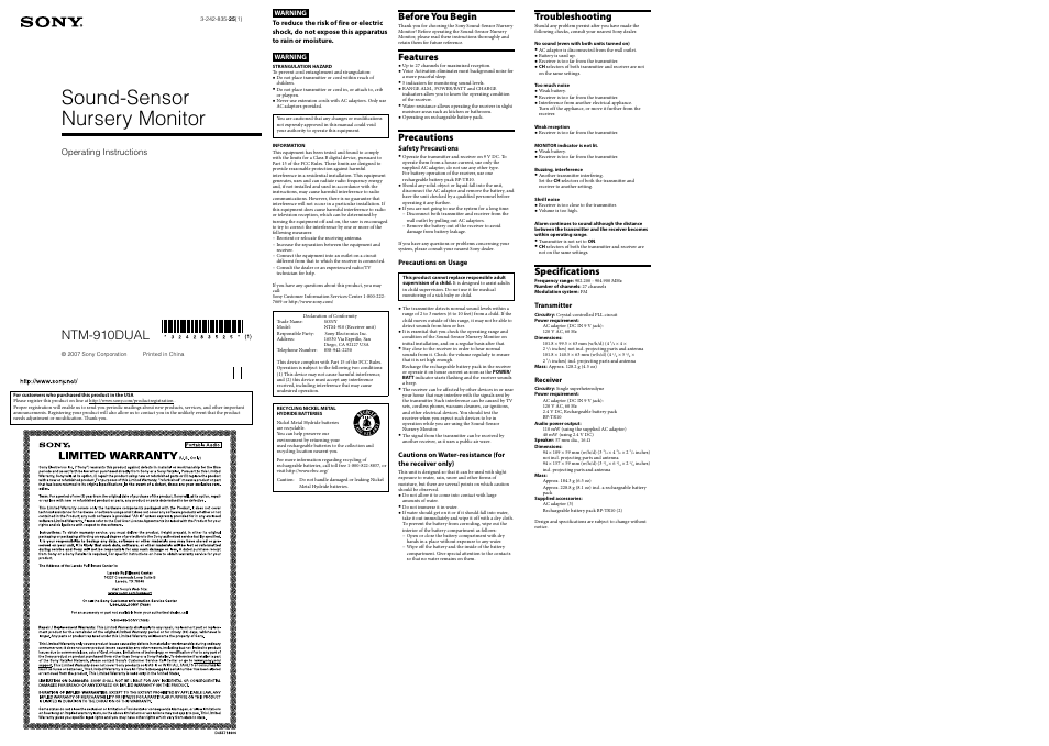 Sony BabyCall NTM-910DUAL User Manual | 2 pages