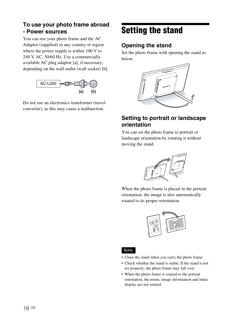 Setting the stand, Opening the stand, Setting to portrait or landscape orientation | Sony S-FRAME DPF-V900 User Manual | Page 18 / 56