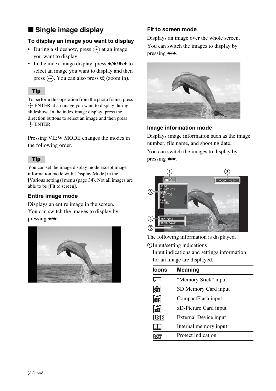 X single image display | Sony S-FRAME DPF-V900 User Manual | Page 24 / 56