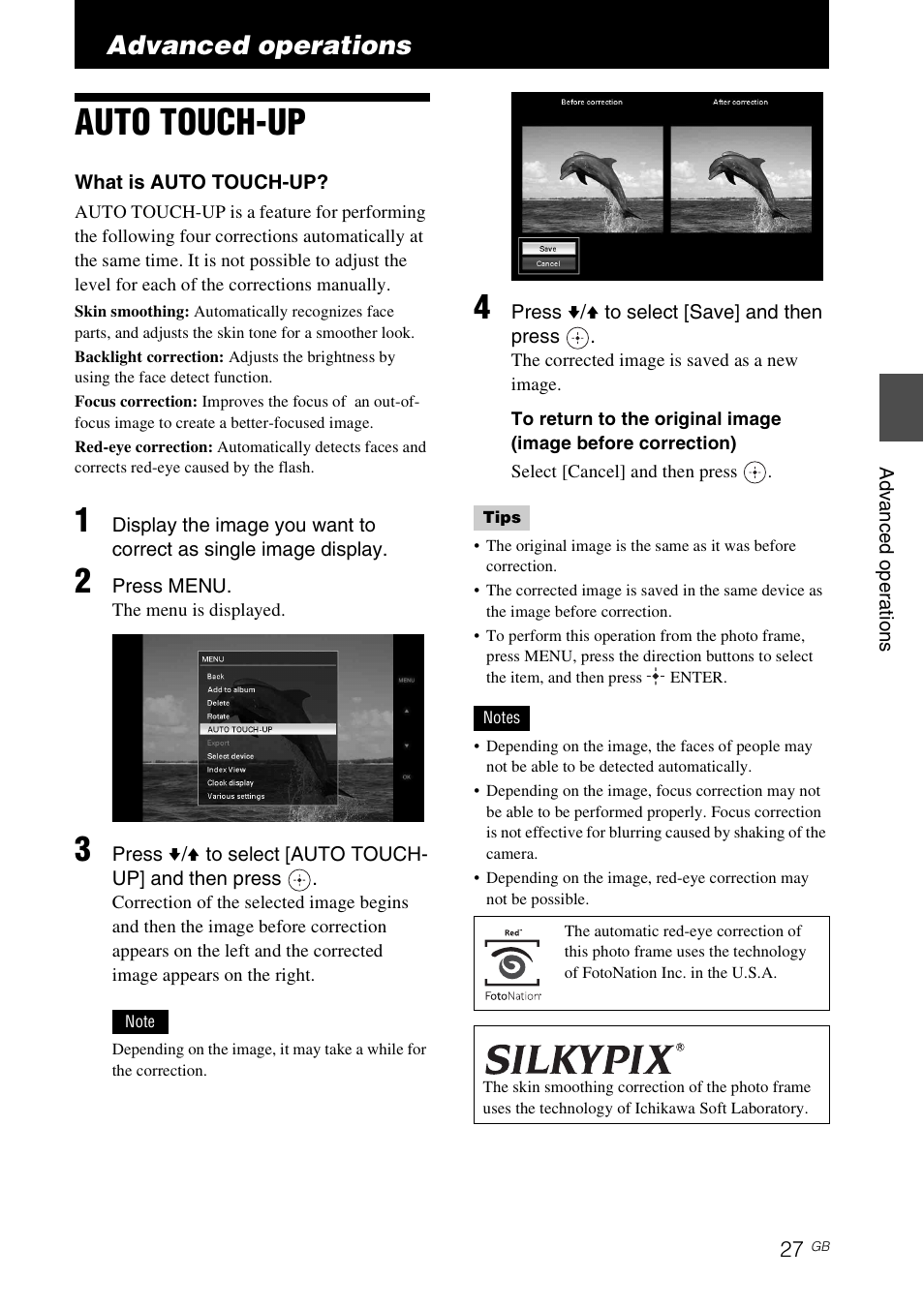 Advanced operations, Auto touch-up | Sony S-FRAME DPF-V900 User Manual | Page 27 / 56