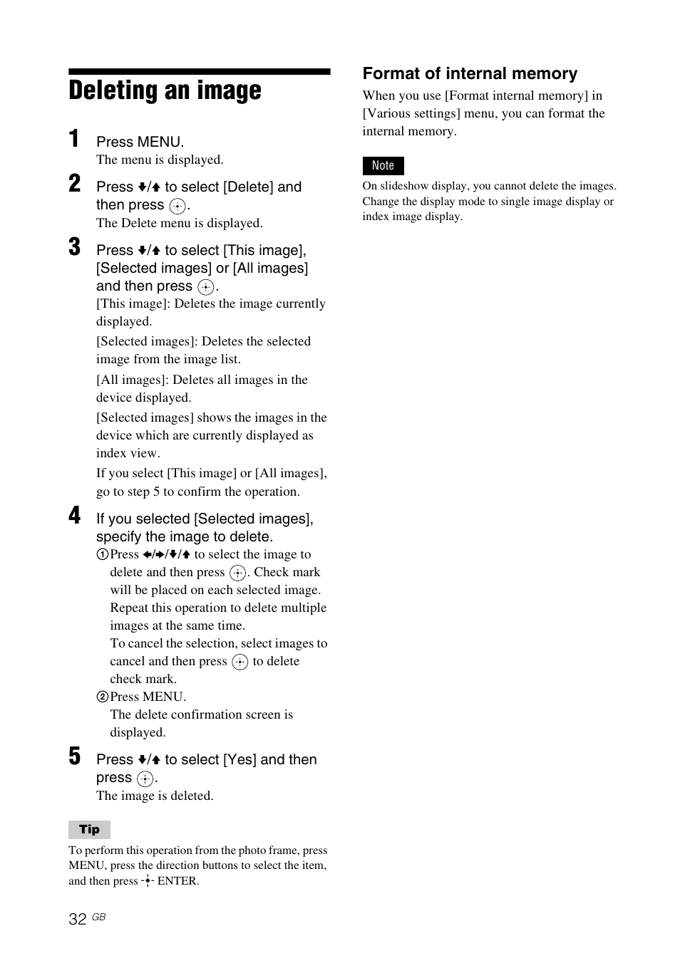 Deleting an image | Sony S-FRAME DPF-V900 User Manual | Page 32 / 56