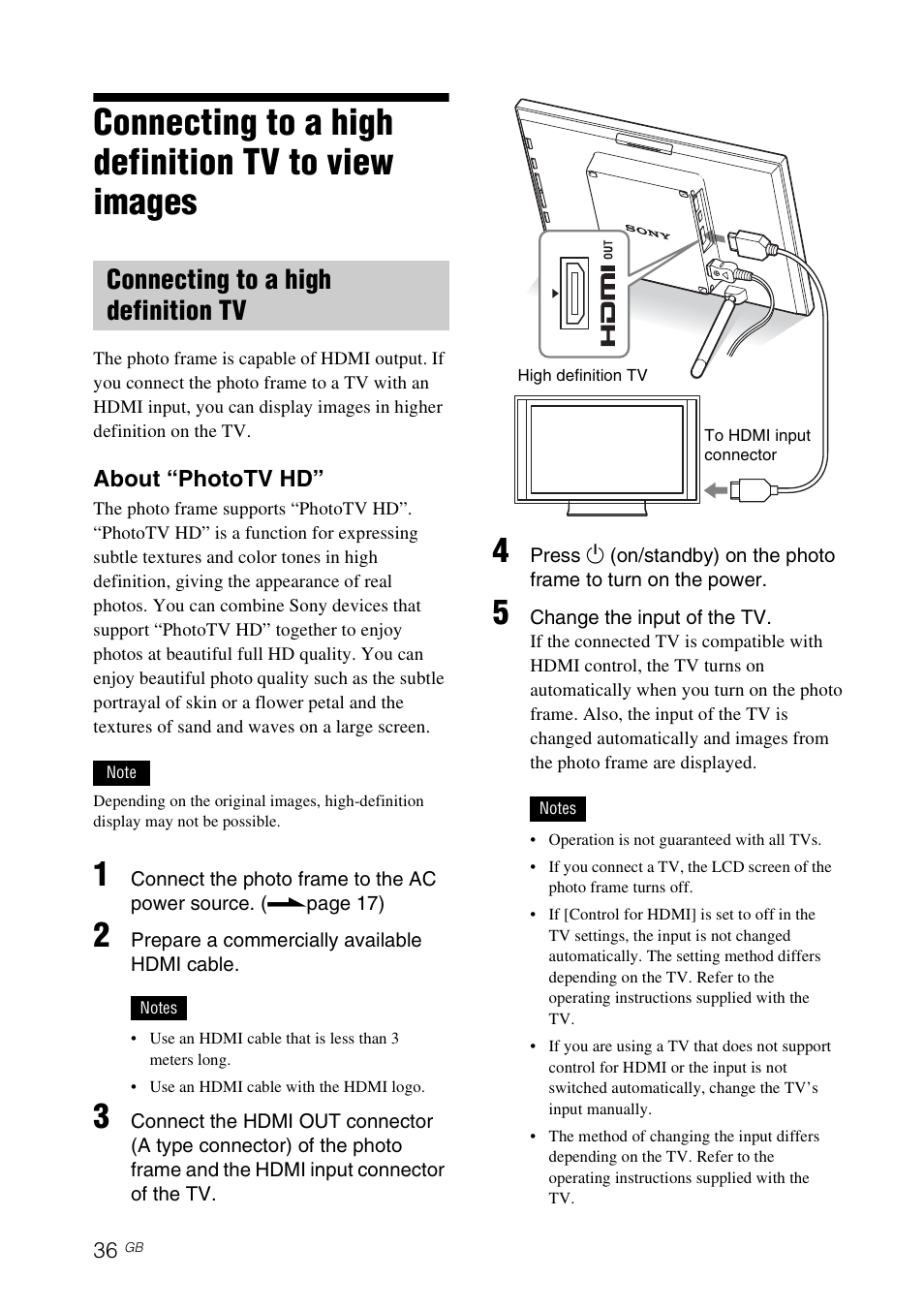 Connecting to a high definition tv to view images, Connecting to a high definition tv | Sony S-FRAME DPF-V900 User Manual | Page 36 / 56