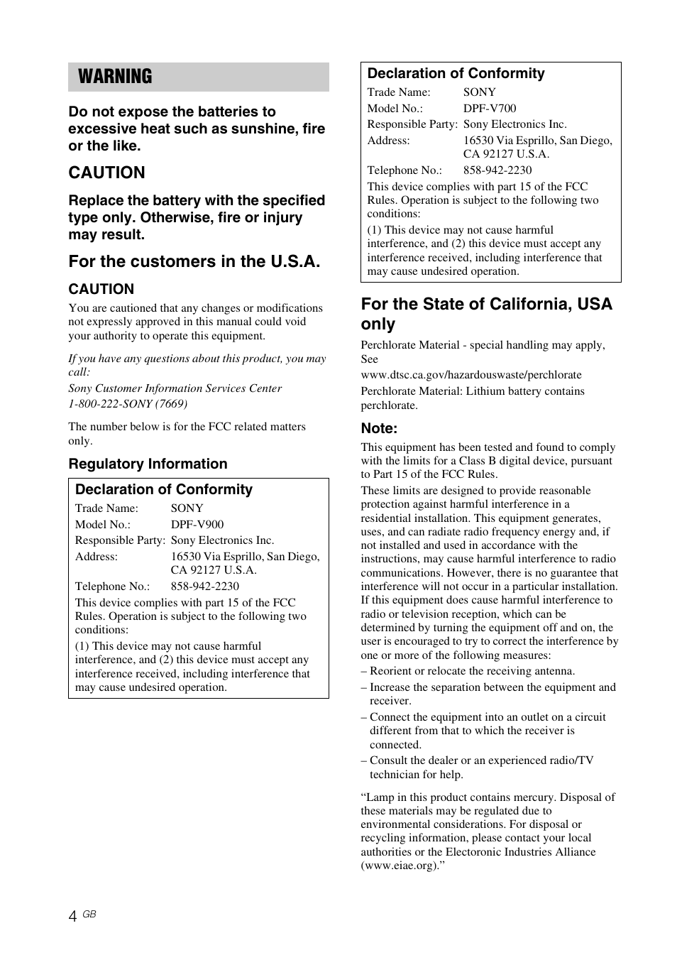 Warning, Caution, For the customers in the u.s.a | For the state of california, usa only | Sony S-FRAME DPF-V900 User Manual | Page 4 / 56